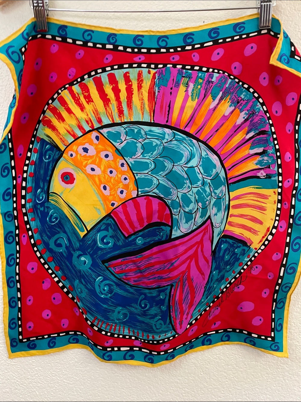 Laurel Burch Vtg 98 Vibrant Multicolor Fish silk 20x20 purse scarf